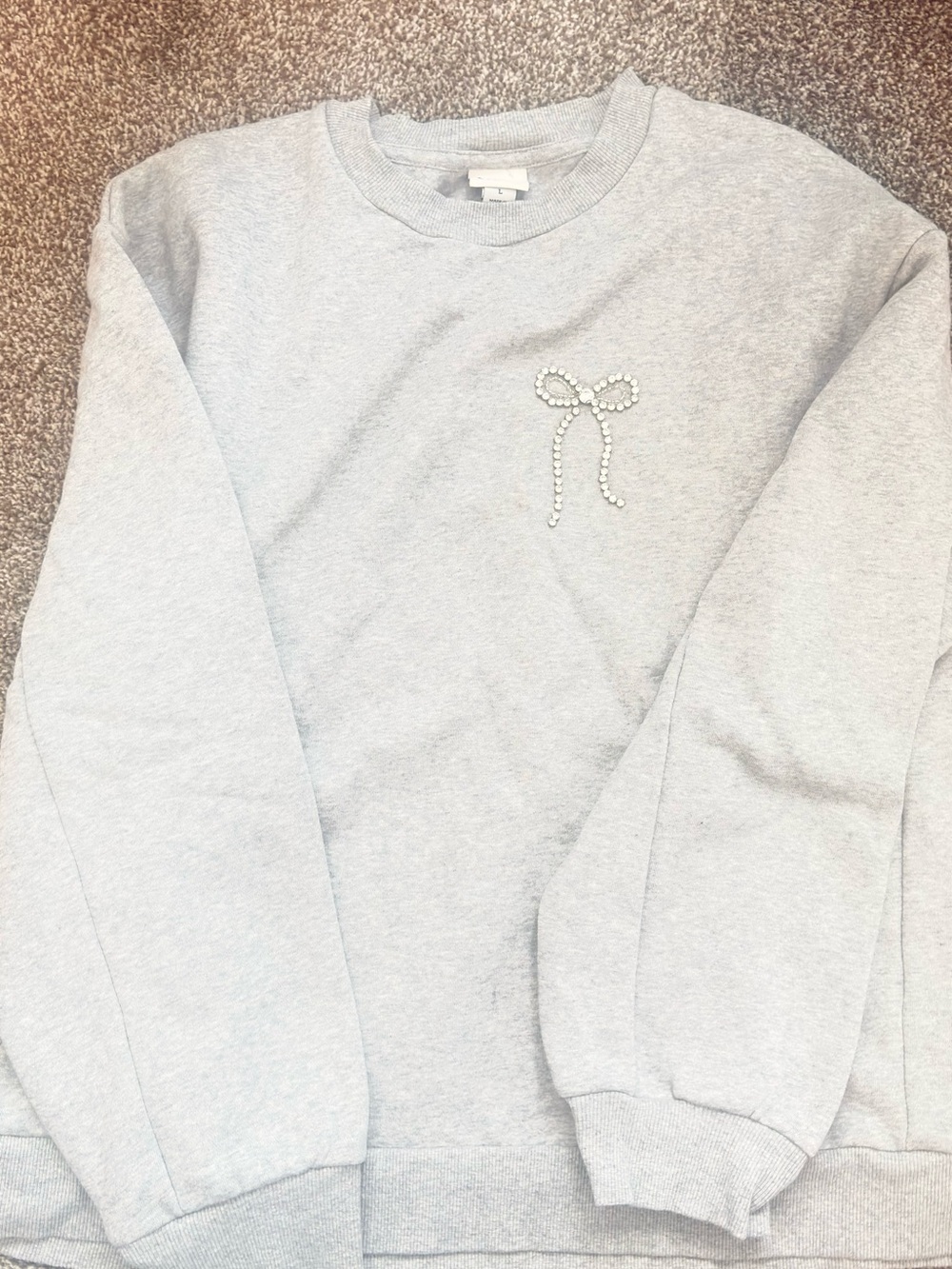 a new day Light Gray Crewneck Sweater with Rhinestone Bow Accent